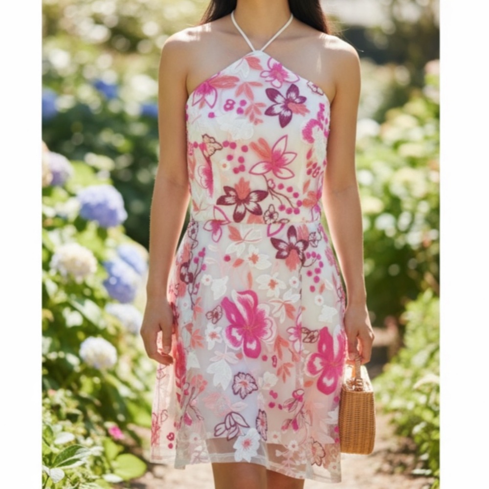 Alexia Admor NWT ALISON Halter Pink Embroidered Hi Low Dress Floral Womens SZ 8
